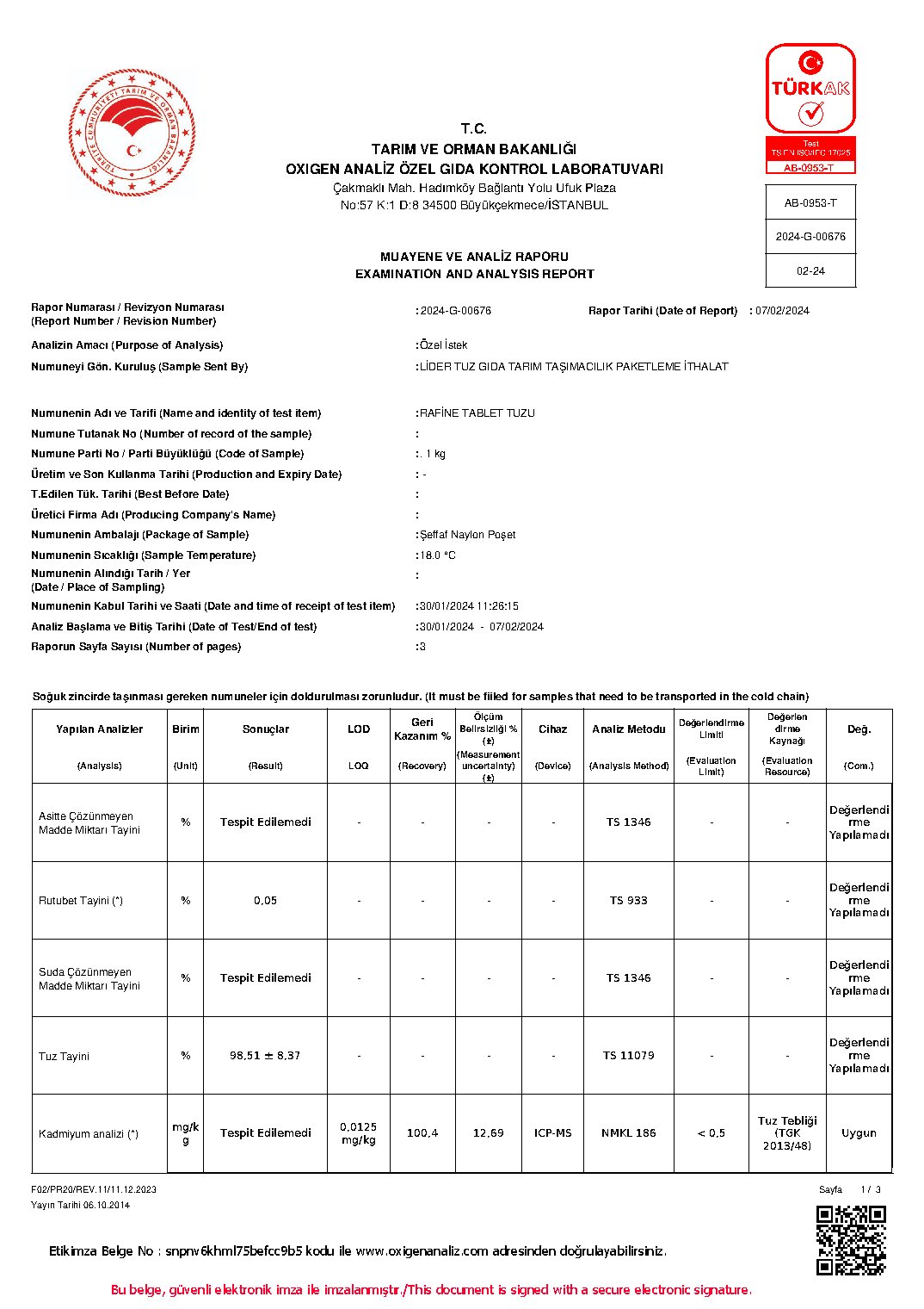 Rafine Tuz Tablet Analizi — 1. sayfa önizleme